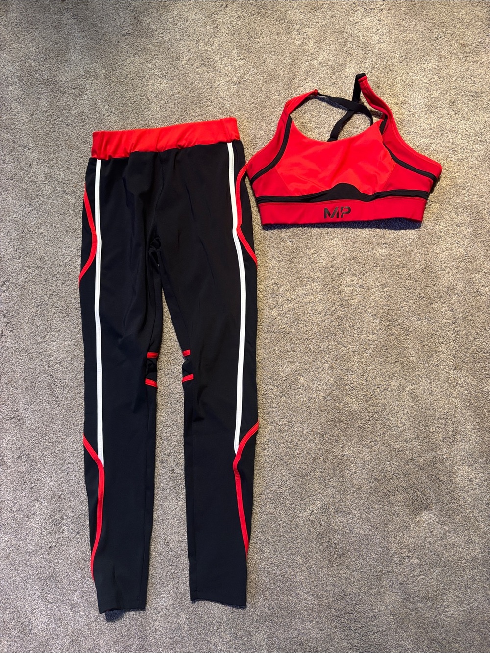 My Protein Red and Black Sports Bra and Leggings Set. Size XS